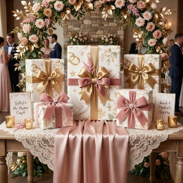Papel De Presente Casamento Floral Rosa Bege Dourado com Pombas e Al