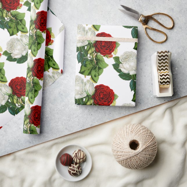 Papel De Presente Casamento Floral Rosa Branca Vermelha Elegante (Artesanato)