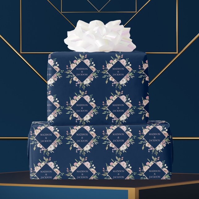 Papel De Presente Casamento Floral Rosa-Rosa-Blush Marinho Elegante (Criador carregado)