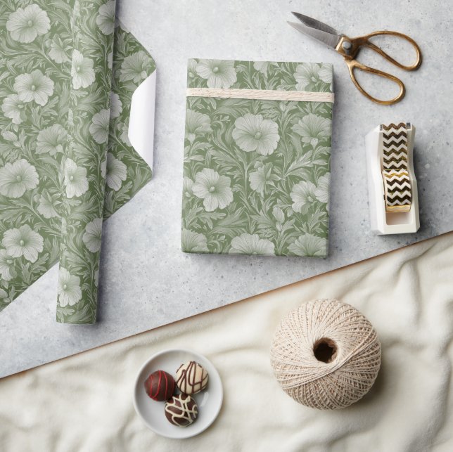 Papel De Presente Casamento Floral Verde Salvia (Artesanato)