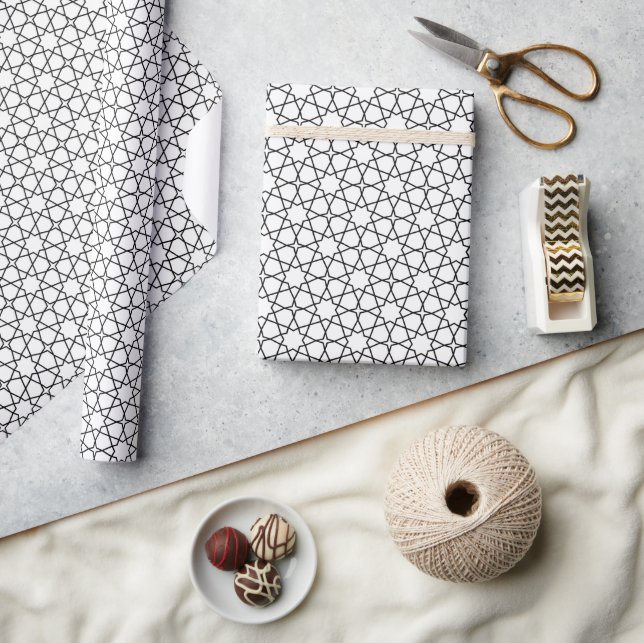 Papel De Presente Casamento Geométrico Islâmico Preto e Branco (Artesanato)