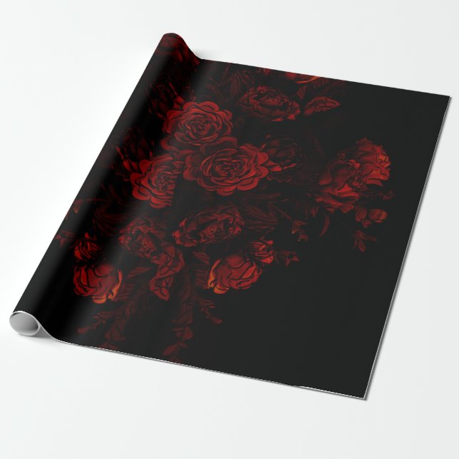 Papel De Presente Casamento Gótico Elegante Floral Vermelho Profundo (Desenrolado)