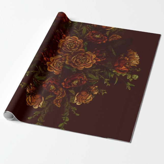 Papel De Presente Casamento Gótico Outono Rústico Laranja Marrom (Desenrolado)