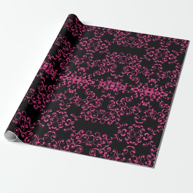 Papel De Presente Casamento Gótico Quente-Rosa e Negro (Desenrolado)