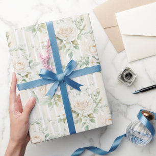 Papel De Presente Casamento Listras Florais de Rosas Brancas Românti