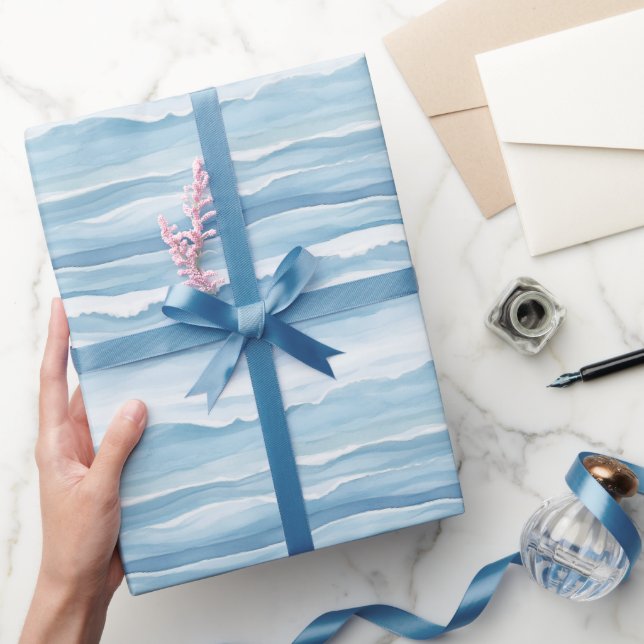 Papel De Presente Casamento Ondas do Oceano Azul Branco (Presentear)