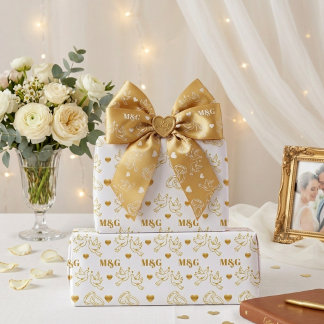 Papel De Presente Casamento Personalizado Branco e Dourado com Monog