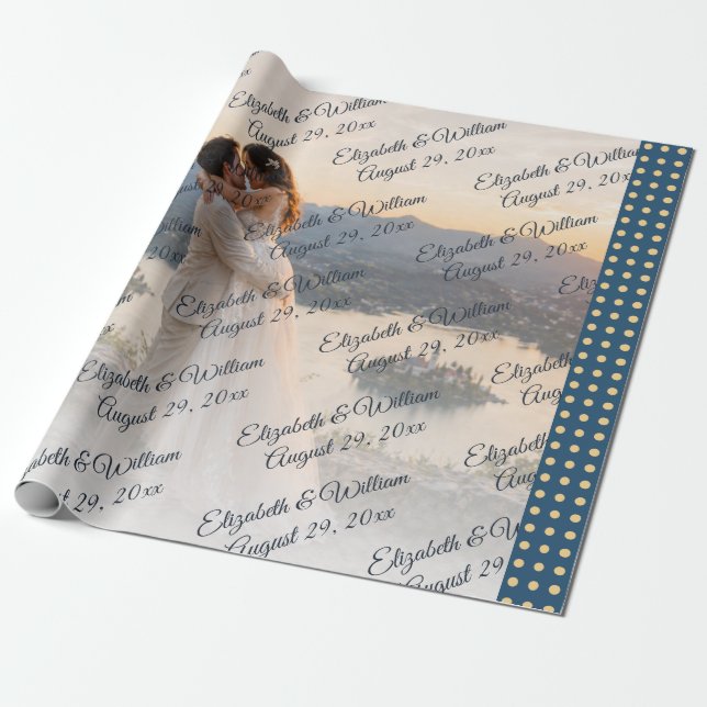 Papel De Presente Casamento personalizado com bolinhas douradas e az (Desenrolado)