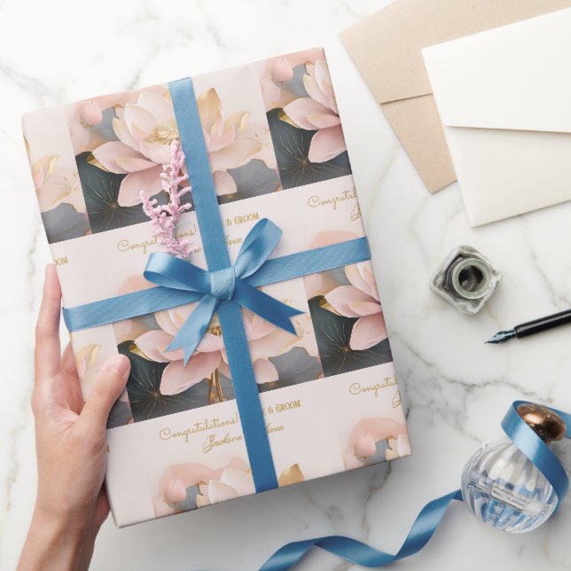 Papel De Presente Casamento Personalizado Rosa Lótus Parabéns! (Presentear)
