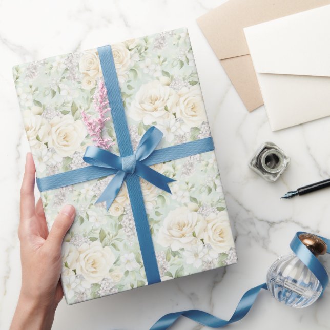 Papel De Presente Casamento Romântico Floral Branco (Presentear)