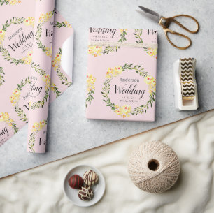 Papel De Presente Casamento Rosa Bege com Nome e Data de Flores Amar