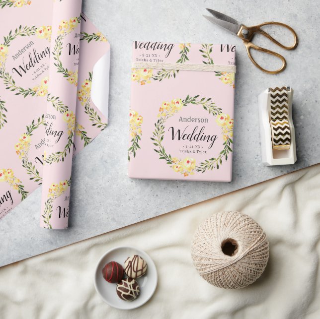 Papel De Presente Casamento Rosa Bege com Nome e Data de Flores Amar (Artesanato)