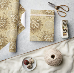 Papel De Presente Casamento Tradicional de Flores, Pérolas e Renda