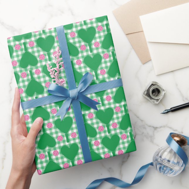 Papel De Presente Casamento Verde e Rosa Xadrez Preppy Pickleball (Presentear)