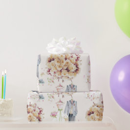 Papel De Presente Casamento Vintage - Buquê Rosa e Branco