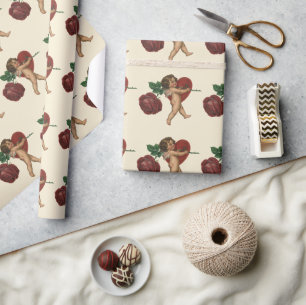 Papel De Presente Casamento vintage, Cupido com Rosa vermelha e Cora