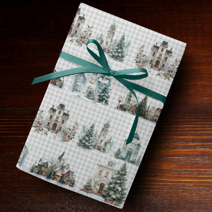 Papel De Presente Casas azuis elegantes padrão de natal inverno