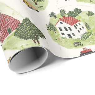 Papel De Presente Casas de fazenda celeiro e tratores. Pequena aldei