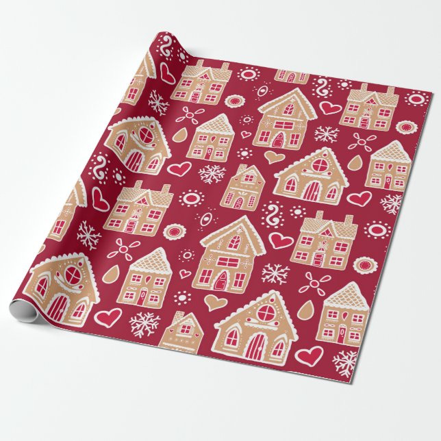 Papel De Presente Casas de Gingerbread em Red (Desenrolado)