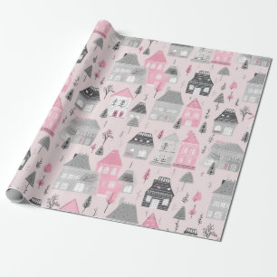 Papel De Presente Casas de Natal Brancas Cinzas em Rosa