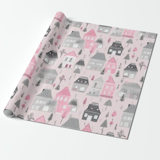 Papel De Presente Casas de Natal Brancas Cinzas em Rosa (Desenrolado)