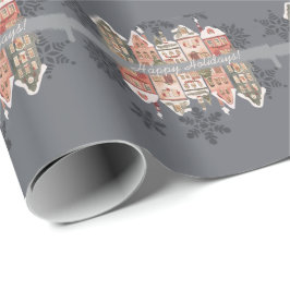 Papel De Presente Casas de Natal Neves Cinzas Flocos de Neve