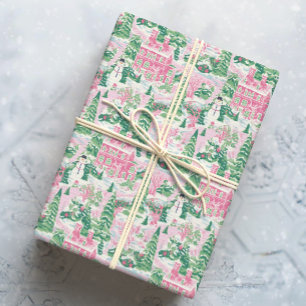 Papel De Presente Casas de Natal Verdes e Rosa Neves
