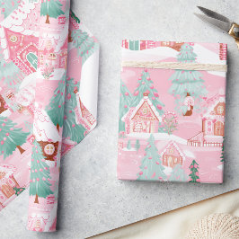 Papel De Presente Casas de pão de Natal cor-de-rosa Pastel