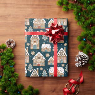 Papel De Presente Casas e Biscoitos de Gengibre Lindos Azul Natal