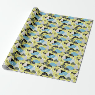 Papel De Presente Casas escandinavas, árvores, padrões de montanhas.