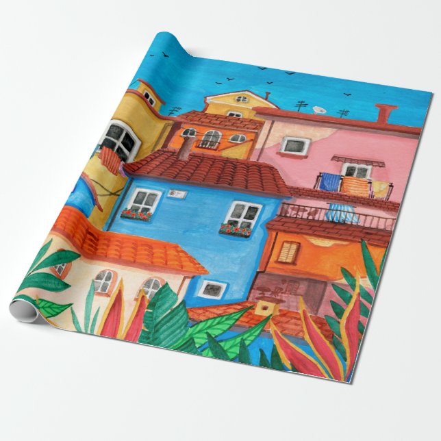 Papel De Presente Casas italianas. Mão de Gouache desenhada (Desenrolado)