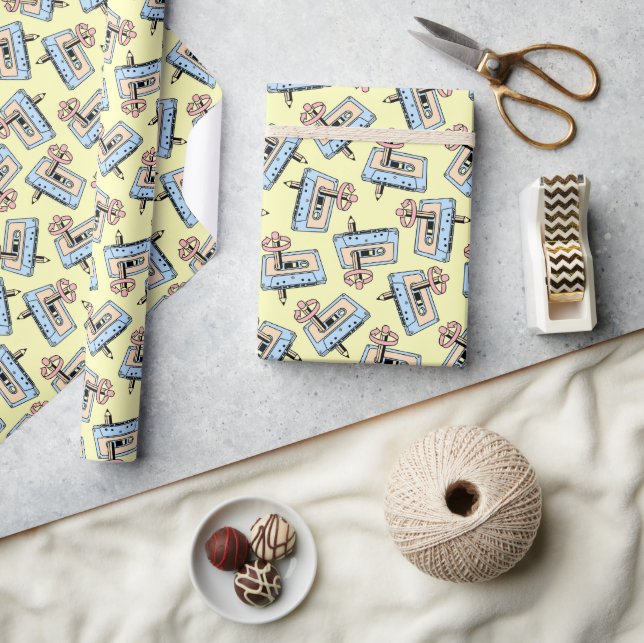 Papel De Presente Cassete de áudio com padrão de lápis (Artesanato)