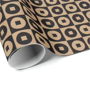 Papel De Presente Castanho Camelo e Preto Quadrado Círculo