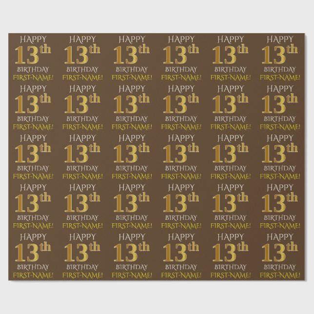 Papel De Presente Castanho, Faux Dourado "FELIZ 13 ANIVERSÁRIO" (Aberto)
