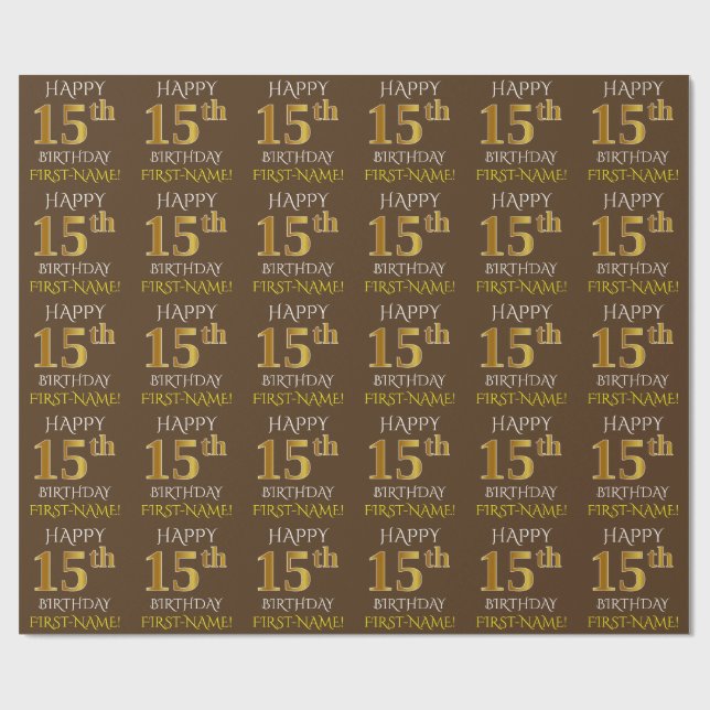 Papel De Presente Castanho, Faux Dourado "FELIZ 15 ANIVERSÁRIO" (Aberto)