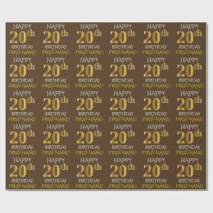 Papel De Presente Castanho, Faux Dourado "FELIZ 20 ANIVERSÁRIO"