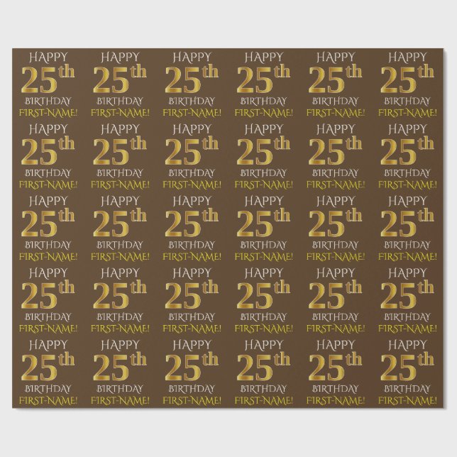 Papel De Presente Castanho, Faux Dourado "FELIZ 25 ANIVERSÁRIO" (Aberto)