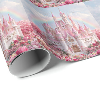 Papel De Presente Castelo da Princesa Rosa Nuvens Arco-íris