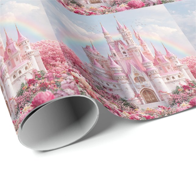 Papel De Presente Castelo da Princesa Rosa Nuvens Arco-íris (Ponta do rolo)
