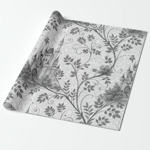 Papel De Presente Castelo de Fairytale em Escala de Cinza com Fronte