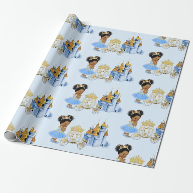 Papel De Presente Castelo Real da Princesa Carruagem Azul Dourado Me (Desenrolado)