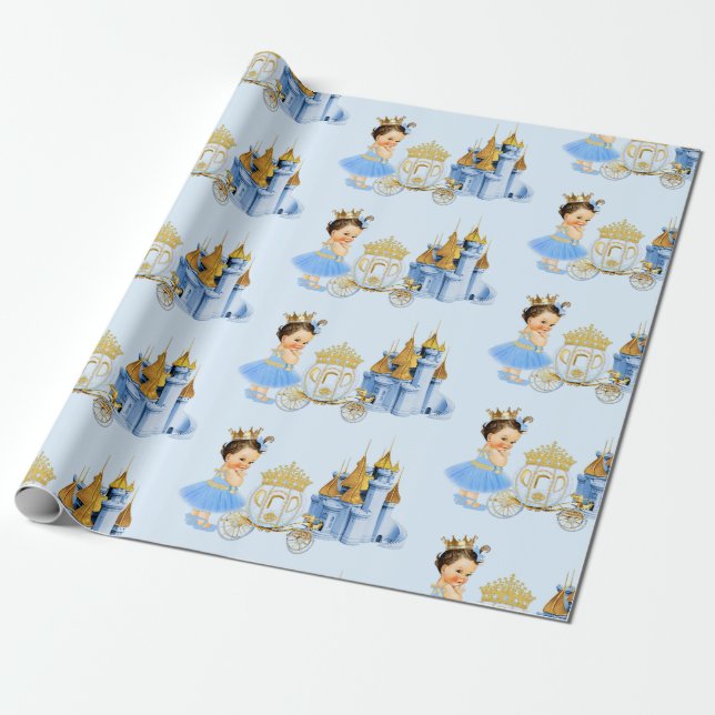 Papel De Presente Castelo Real Princesa Carruagem Azul Dourado Menin (Desenrolado)