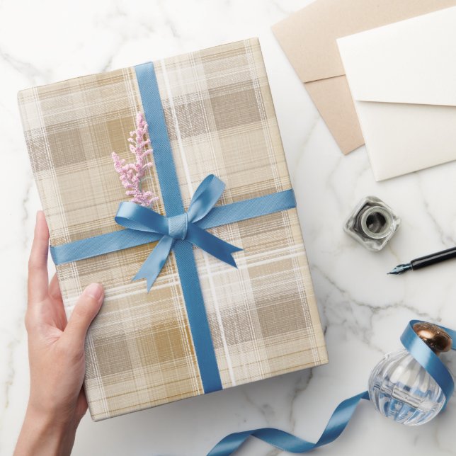 Papel De Presente Casual Aconchegante Bege Creme Lino Xadrez (Presentear)