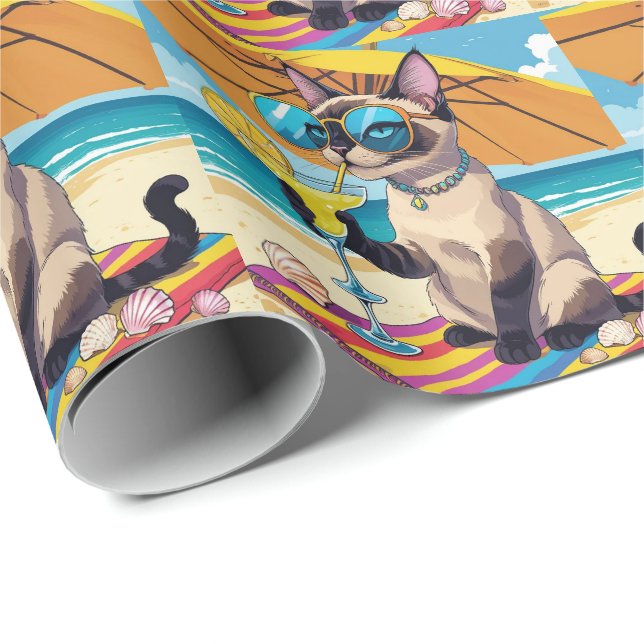 Papel De Presente Cat Beach themed for Siamese Cat Lovers (Ponta do rolo)