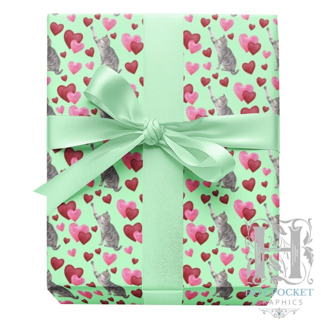 Papel De Presente Cat Hearts Valentine Gift Wrapping Paper - Green (Criador carregado)