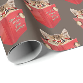 Papel De Presente Cat Lendo Livro Vermelho em Castanho