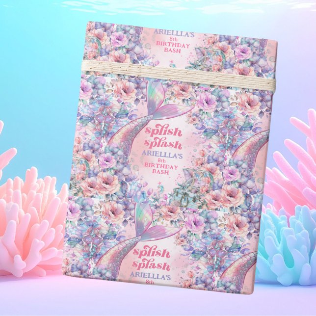 Papel De Presente Cauda de Sereia Brilho de Flor 8º Aniversário (Criador carregado)
