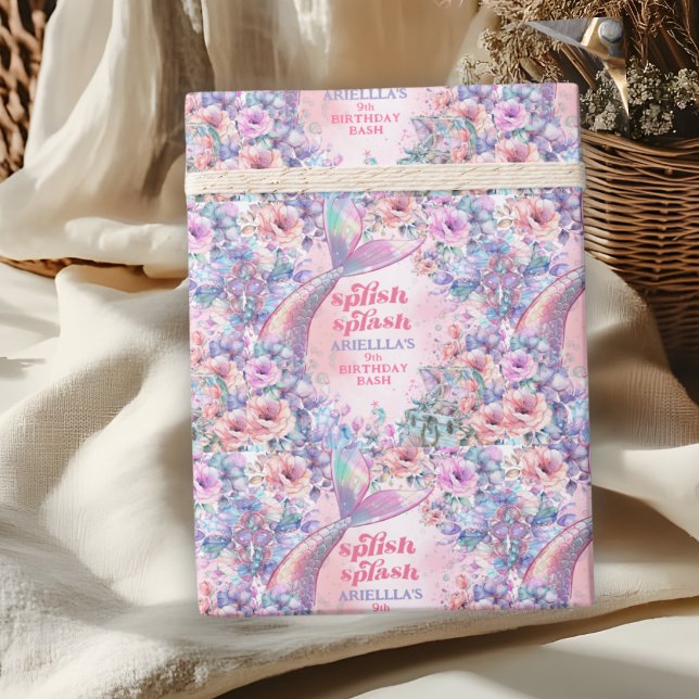 Papel De Presente Cauda de Sereia Brilho de Flor 9º Aniversário (Criador carregado)