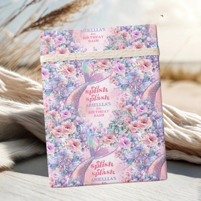 Papel De Presente Cauda de Sereia Brilho Floral 4º Aniversário (Criador carregado)