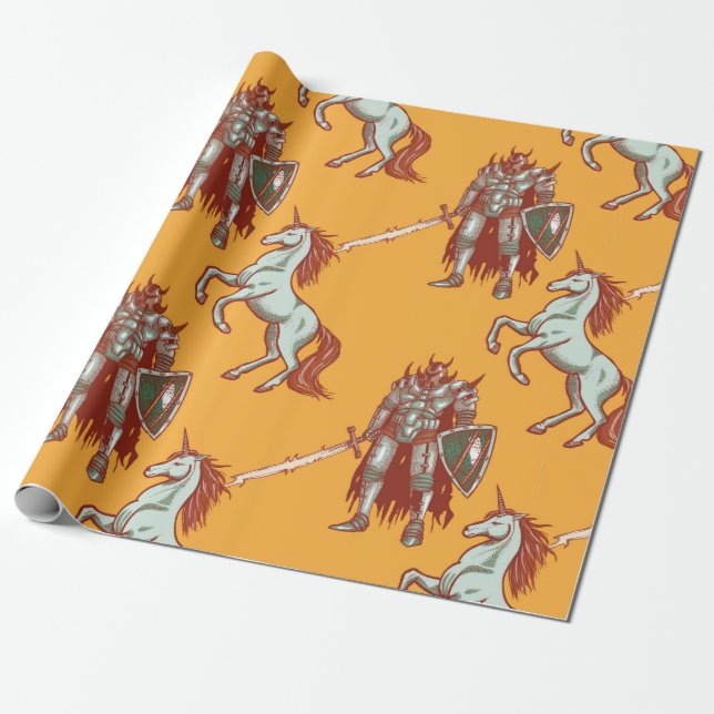Papel De Presente cavaleiro medieval e padrão uniforme de unicórnio (Desenrolado)
